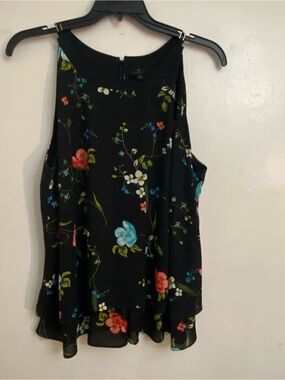 Black Halter Neck Blouse with Bright Floral Print trendy Gold accent on shoulder